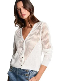 Gilet manches longues en coton écru uni avec une coupe droite et un col v