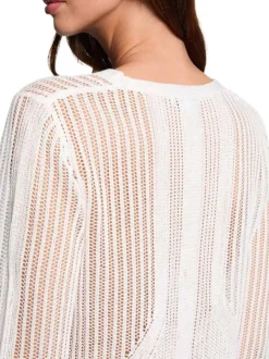 Gilet manches longues en coton écru uni avec une coupe droite et un col v
