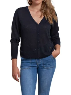 Gilet marine uni avec une coupe droite et un col v à manches longues