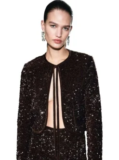 Gilet marron à sequins pourvu d'un col rond et de manches longues