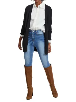 Gilet noir col v longueur mi-cuisse et poches plaquées à l'avant