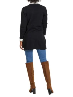 Gilet noir col v longueur mi-cuisse et poches plaquées à l'avant