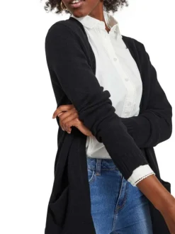 Gilet noir col v longueur mi-cuisse et poches plaquées à l'avant