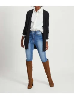 Gilet noir col v longueur mi-cuisse et poches plaquées à l'avant