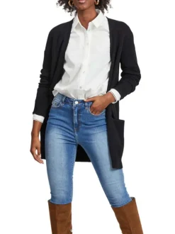 Gilet noir col v longueur mi-cuisse et poches plaquées à l'avant
