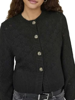 Gilet noir en maille ajourée pourvu d'un col rond et de manches longues