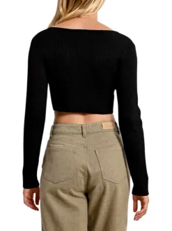 Gilet noir en maille côtelée avec une coupe crop top et un col v
