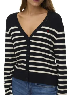 Gilet noir et blanc à motif rayé pourvu d'un col v et de manches longues
