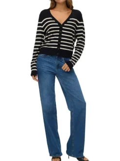Gilet noir et blanc à motif rayé pourvu d'un col v et de manches longues