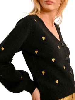 Gilet noir à motif coeur avec une coupe droite, col v et à manches longues