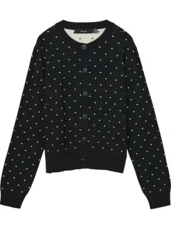 Gilet noir à pois blancs avec boutonnière à l'avant et col rond