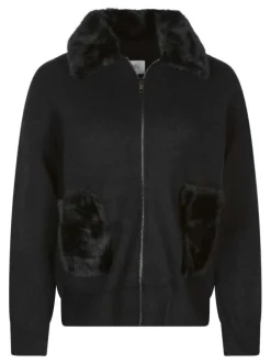 Gilet noir uni avec un zip et un col à rabats en fourrure synthétique