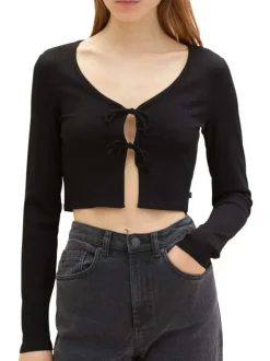 Gilet noir uni coupe droite avec un col v et 2 liens à l'avant