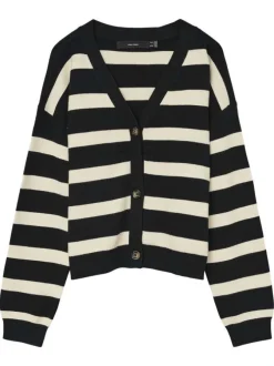 Gilet à rayures noir et écru avec une coupe droite et un col V