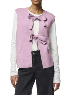 Gilet rose uni avec une coupe droite et un col rond avec liens