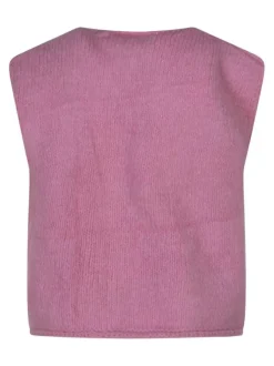 Gilet rose uni à coupe droite avec un col rond et des boutons dorés