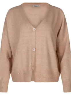 Gilet rose uni droit à col v boutonné et à manches longues avec sequins dorés