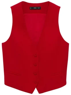 Gilet rouge uni avec une coupe droite à col v et sans manches