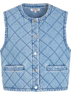 Gilet sans manche en coton bleu à coupe droite pourvu d'une fermeture boutonnée