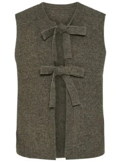Gilet taupe uni à col arrondi sans manches avec liens à nouer
