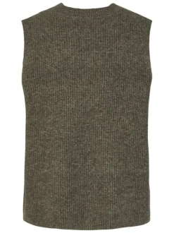 Gilet taupe uni à col arrondi sans manches avec liens à nouer