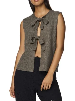 Gilet taupe uni à col arrondi sans manches avec liens à nouer