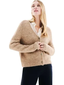 Gilet taupe uni en maille fine avec une coupe droite et un col v