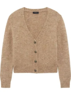 Gilet taupe uni en maille fine avec une coupe droite et un col v