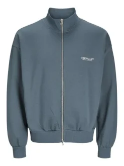 Gilet zippé bleu uni en maille piquée à coupe droite avec un col montant