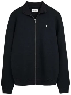 Gilet zippé en coton bleu marine uni en maille avec un col à revers