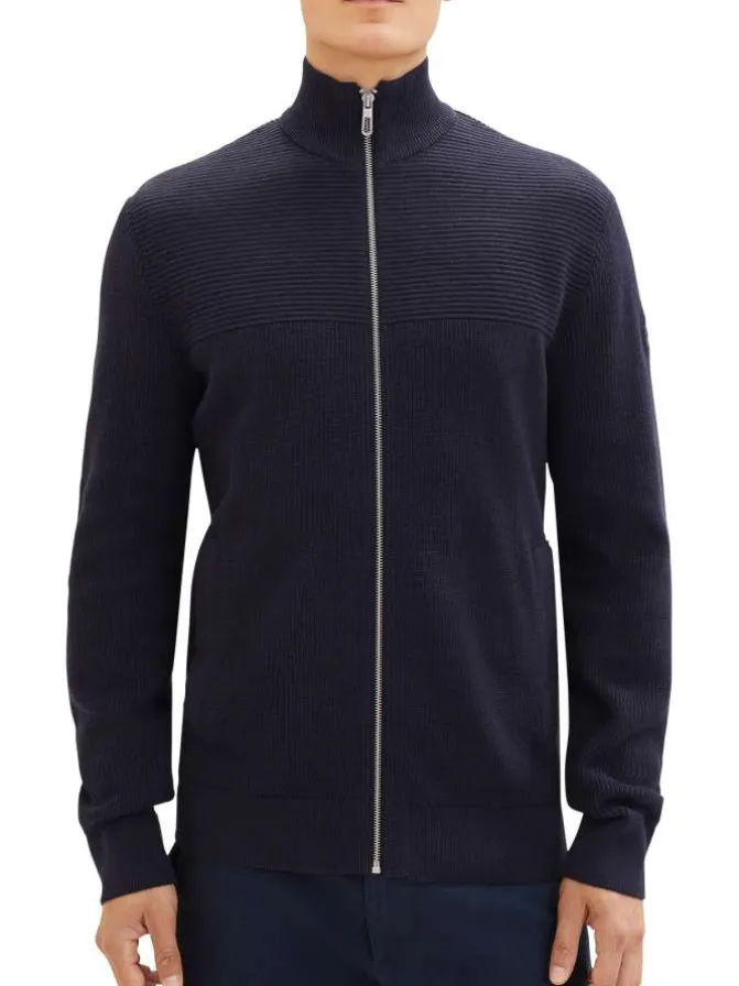 Gilet zippé en coton marine avec une coupe droite et un col montant