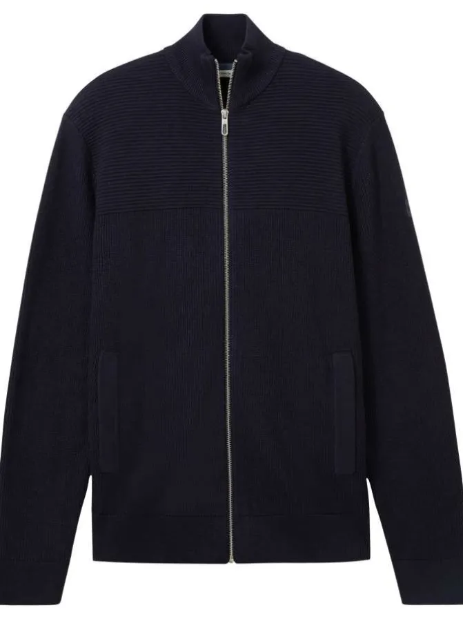 Gilet zippé en coton marine avec une coupe droite et un col montant
