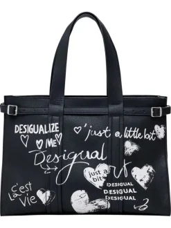 Grand sac cabas noir fermé par un zip avec des écritures imprimées