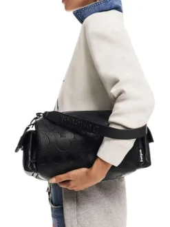 Grand sac porté épaule noir à motifs Mickey embossés et avec un porte-clés