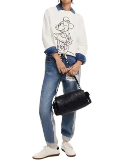 Grand sac porté épaule noir à motifs Mickey embossés et avec un porte-clés