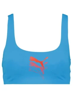 Haut de maillot de bain bleu uni avec triple logo