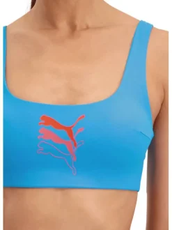 Haut de maillot de bain bleu uni avec triple logo