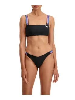 Haut de maillot de bain noir fantaisie coupe près du corps avec un col carré et des manches à bretelles larges