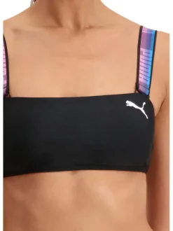 Haut de maillot de bain noir fantaisie coupe près du corps avec un col carré et des manches à bretelles larges