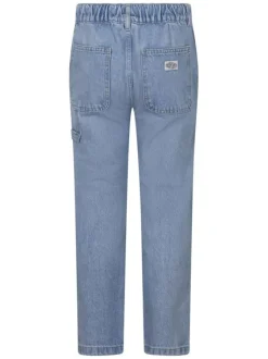 Jean en coton bleu à coupe droite pourvu d'une taille élastiquée
