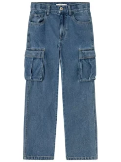 Jean en coton bleu avec une coupe droite et des passants pour ceinture