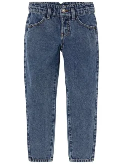 Jean en coton bleu chiné avec une coupe mom et des surpiqûres contrastantes