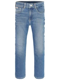 Jean en coton bleu délavé aux cuisses avec une coupe regular fit