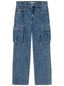 Jean en coton bleu uni avec poches cargo et poches plaquées arrière