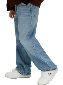Jean en coton bleu uni avec une coupe droite à zip et à bouton