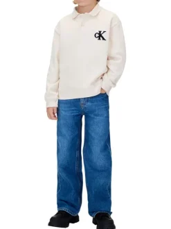 Jean en coton bleu uni coupe regular intermédiaire avec des surpiqûres camel
