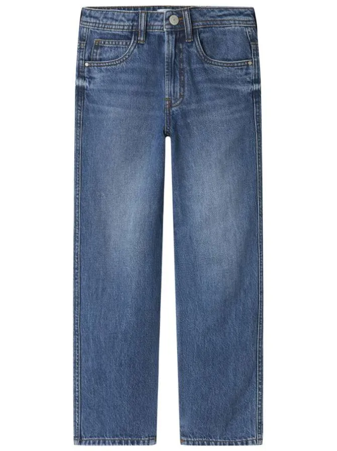 Jean en coton bleu uni pourvu d'une coupe droite et de multiples poches