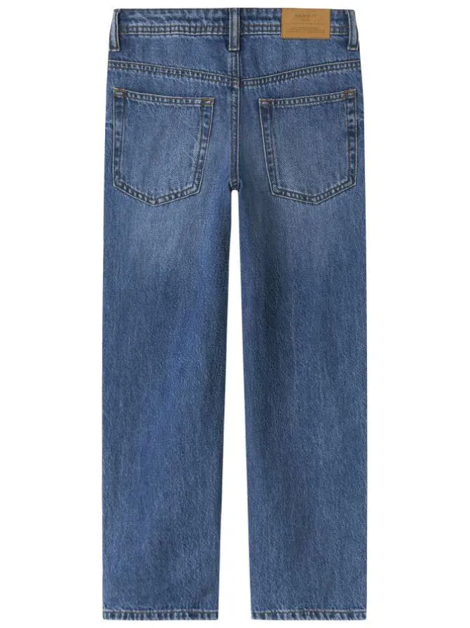 Jean en coton bleu uni pourvu d'une coupe droite et de multiples poches