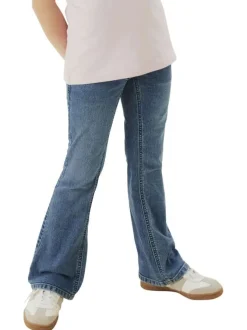 Jean en coton mélangé bleu avec une coupe bootcut et des passants pour ceinture