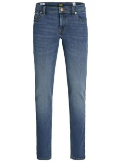 Jean en coton mélangé bleu à coupe slim pourvu de coutures contrastées
